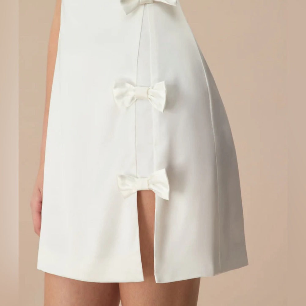 NWT RIHOAS The White Boat Neck Bowknot Satin Mini Dress Sz S - Picture 2 of 7